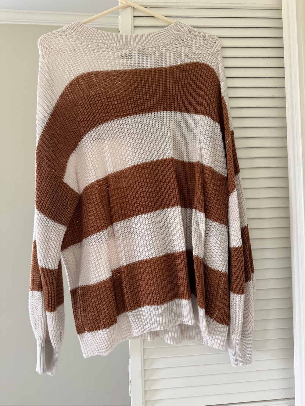 White and Brown Striped Crewneck Sweater